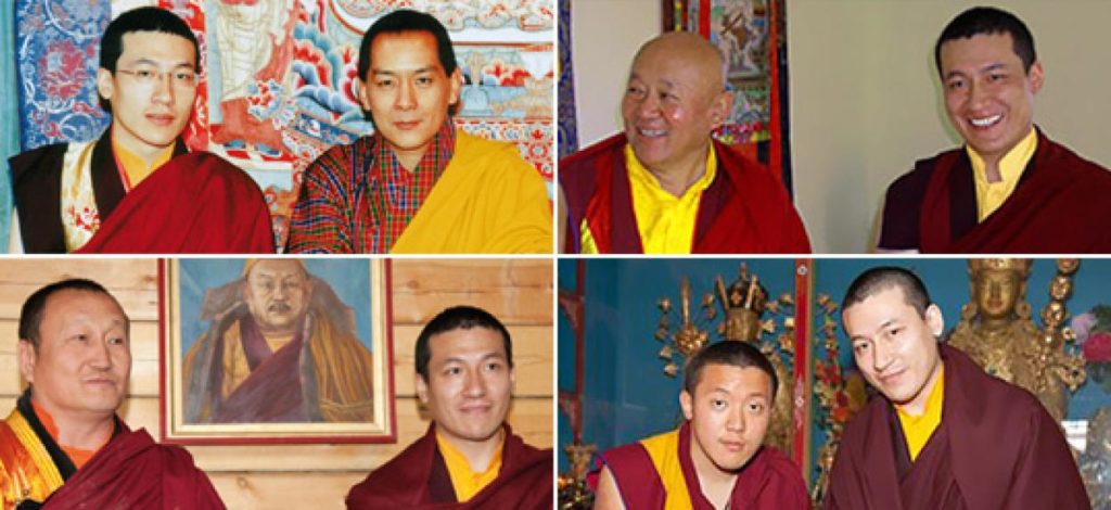 Oben links: Seine Heiligkeit der 17. Gyalwa Karmapa und der König von Bhutan, Jigme Wangchuk; Oben rechts: Karmapa und Drikung Chetsang Rinpoche; Unten links: Karmapa und Hambo Lama Damba Ayusheeyev; Unten rechts: Karmapa und Dilgo Khyentse Yangsi Rinpoche